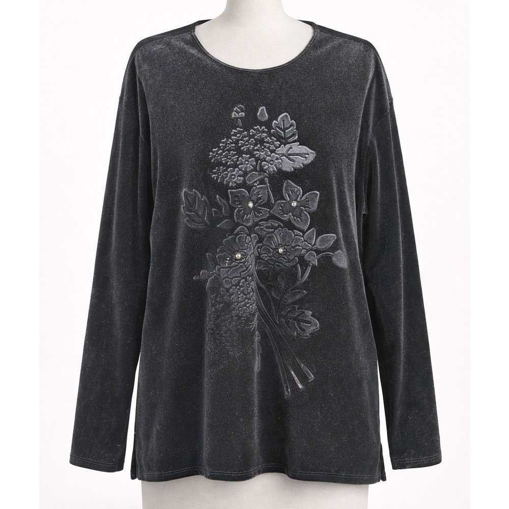 Vintage Diamonds Floralโ Whimsigoth Velvet Top Sz L Gray Embellished Grunge Goth